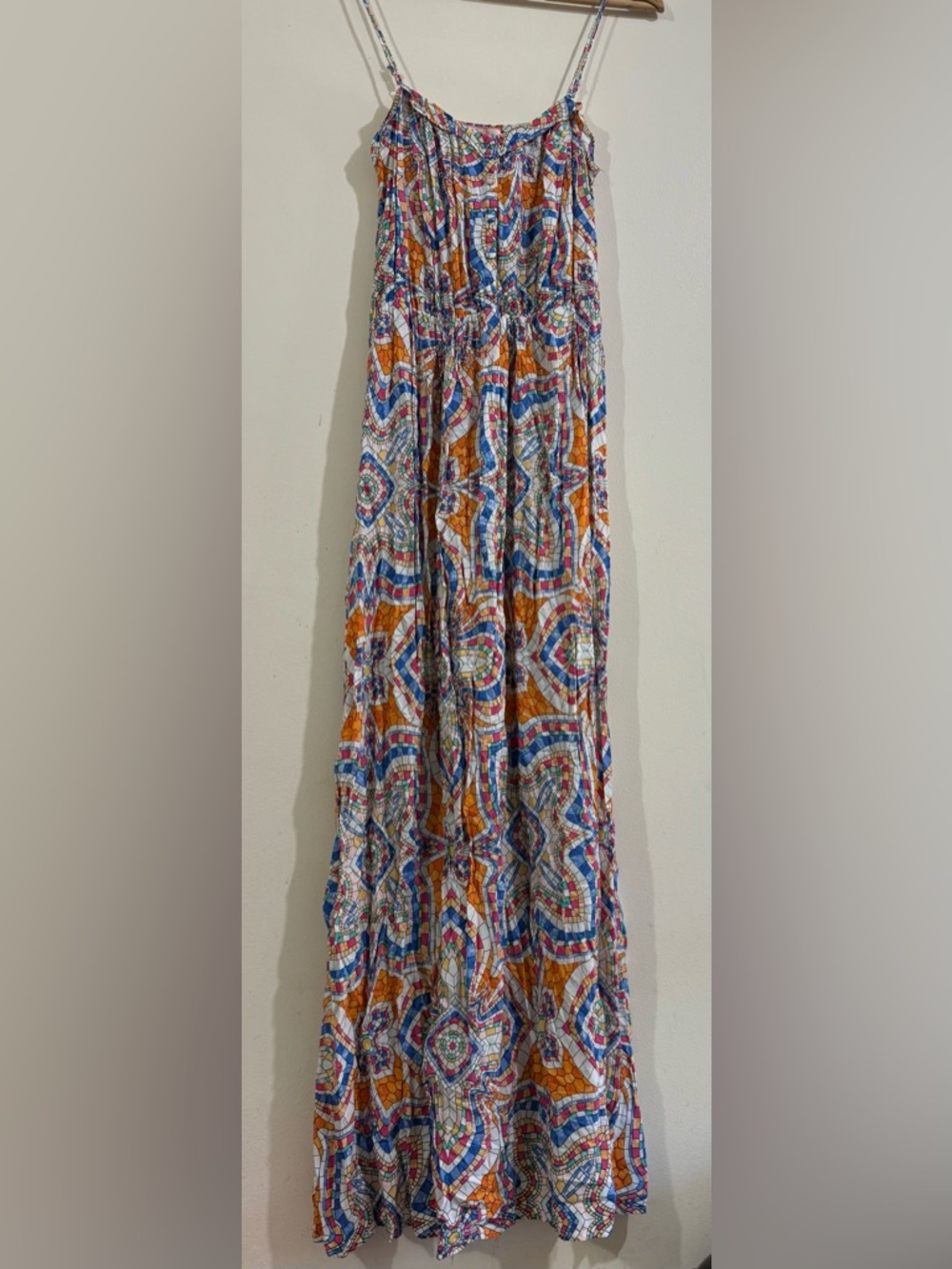 Lani Bohemian Geometric Maxi Dress in Orange, Blue & White